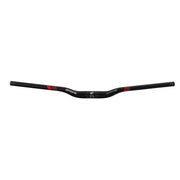Black bicycle handlebar with red accents and curved bar ends