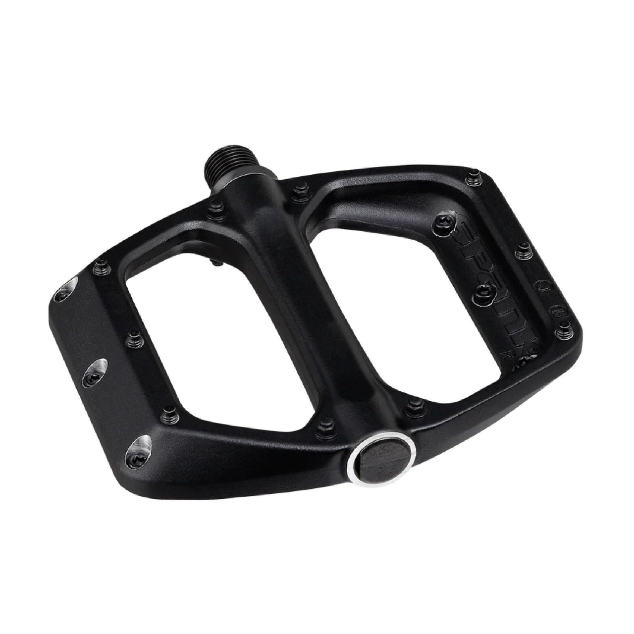 Black Spank Spoon DC bicycle pedals with grippy pins and threaded axle