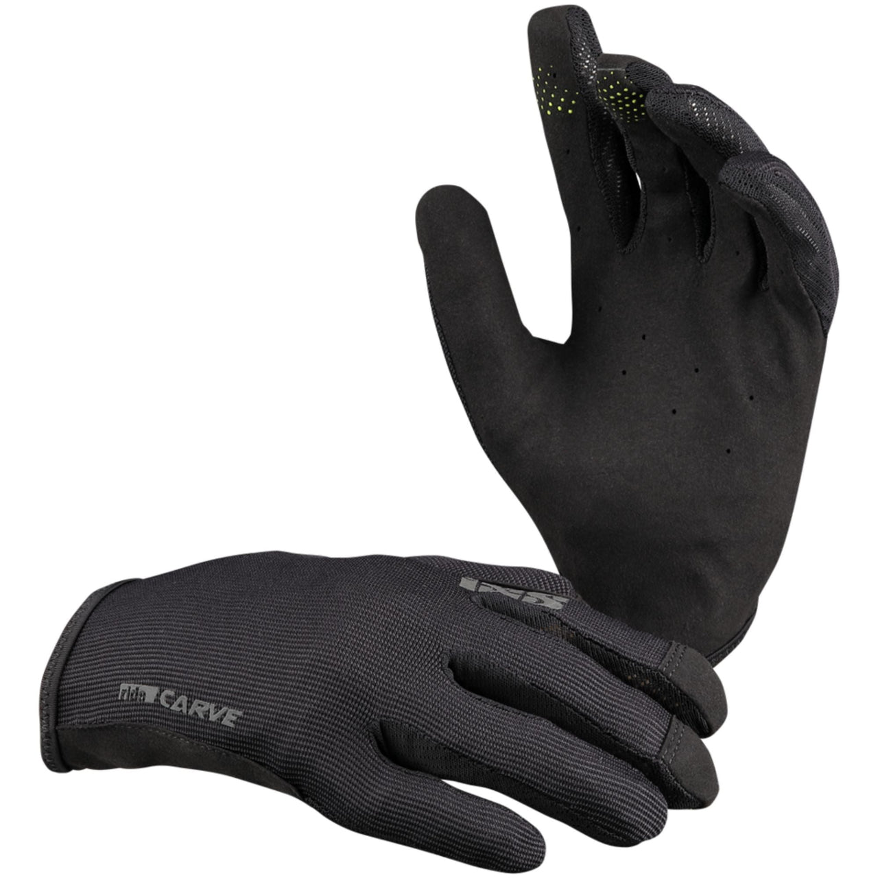 iXS Carve gloves, black full-finger riding gloves with perforated back and green accents