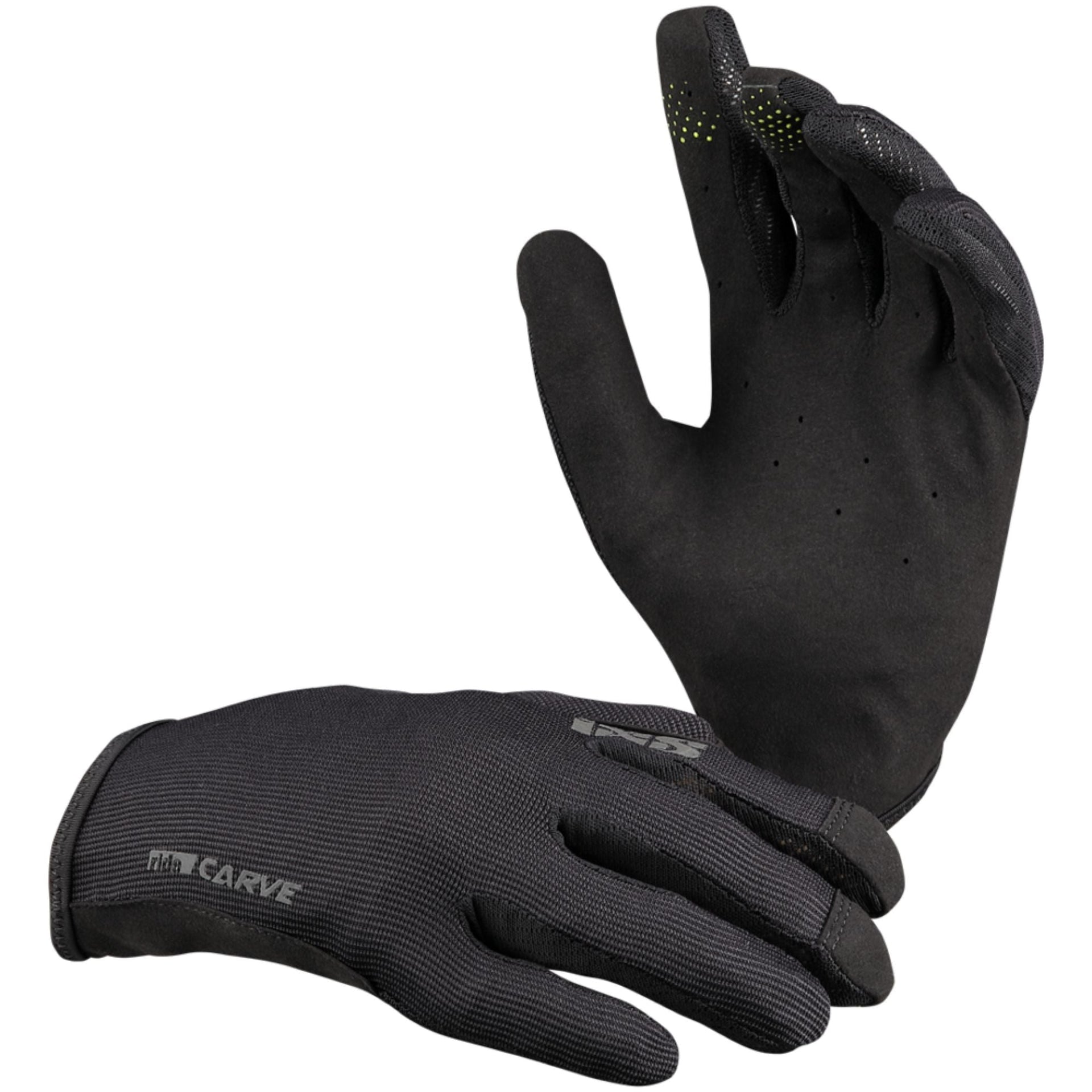 iXS Carve gloves, black full-finger riding gloves with perforated back and green accents
