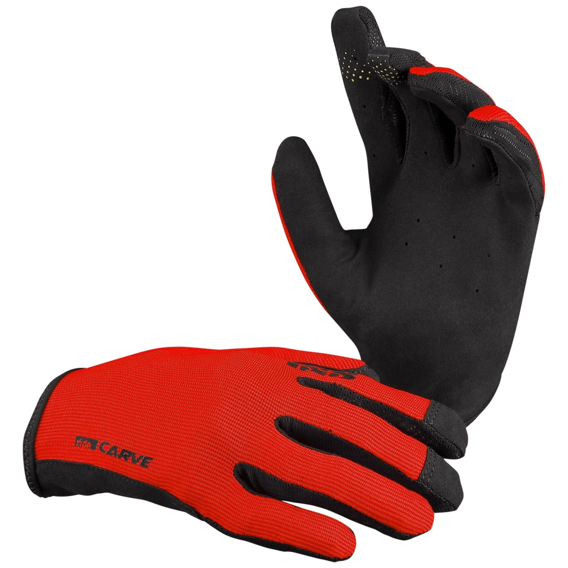 iXS Carve gloves, red and black full-finger gloves with knuckle padding and grip palm