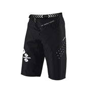 Youth mountain bike DH shorts, black, zip fly, logo and geometric waistband