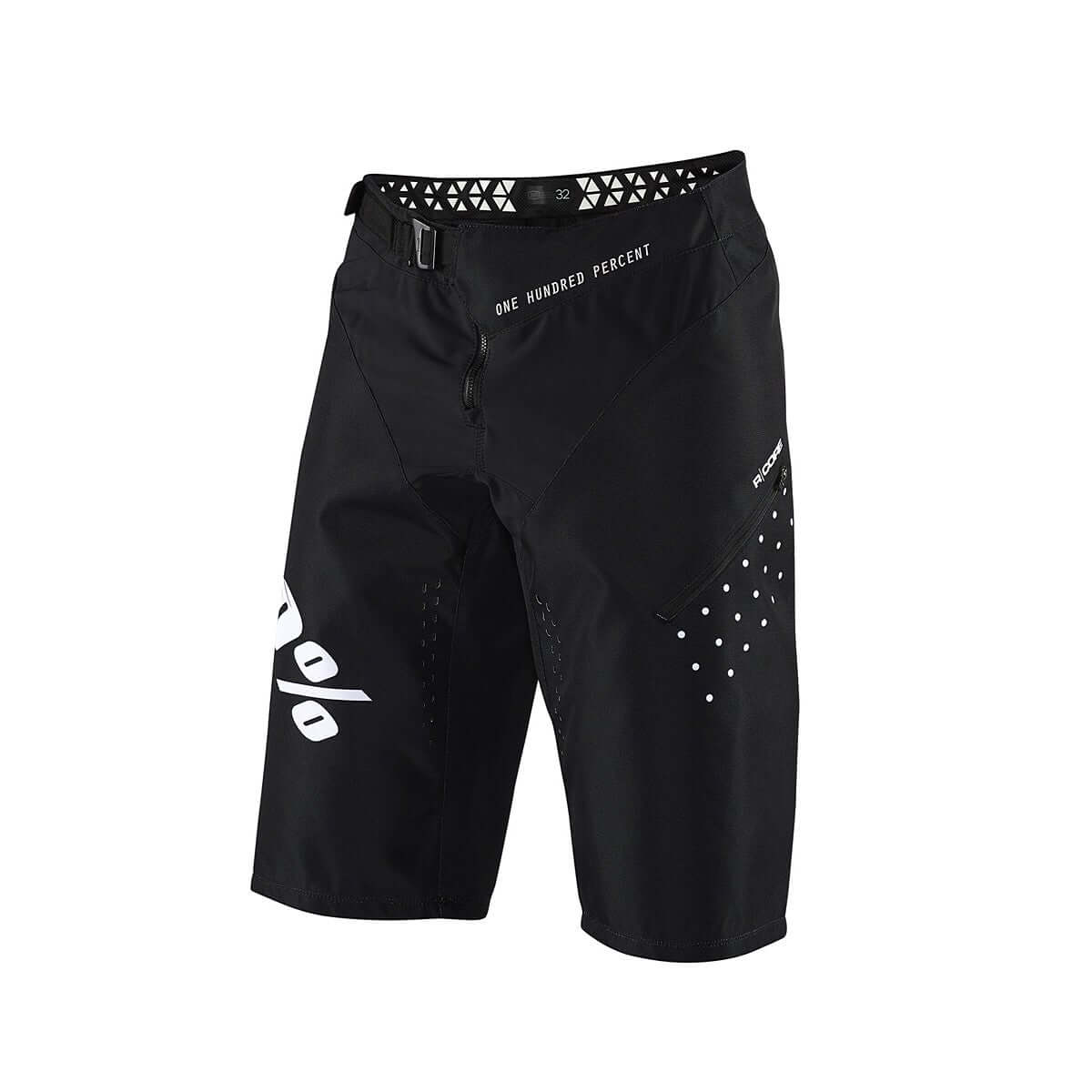Youth mountain bike DH shorts, black, zip fly, logo and geometric waistband