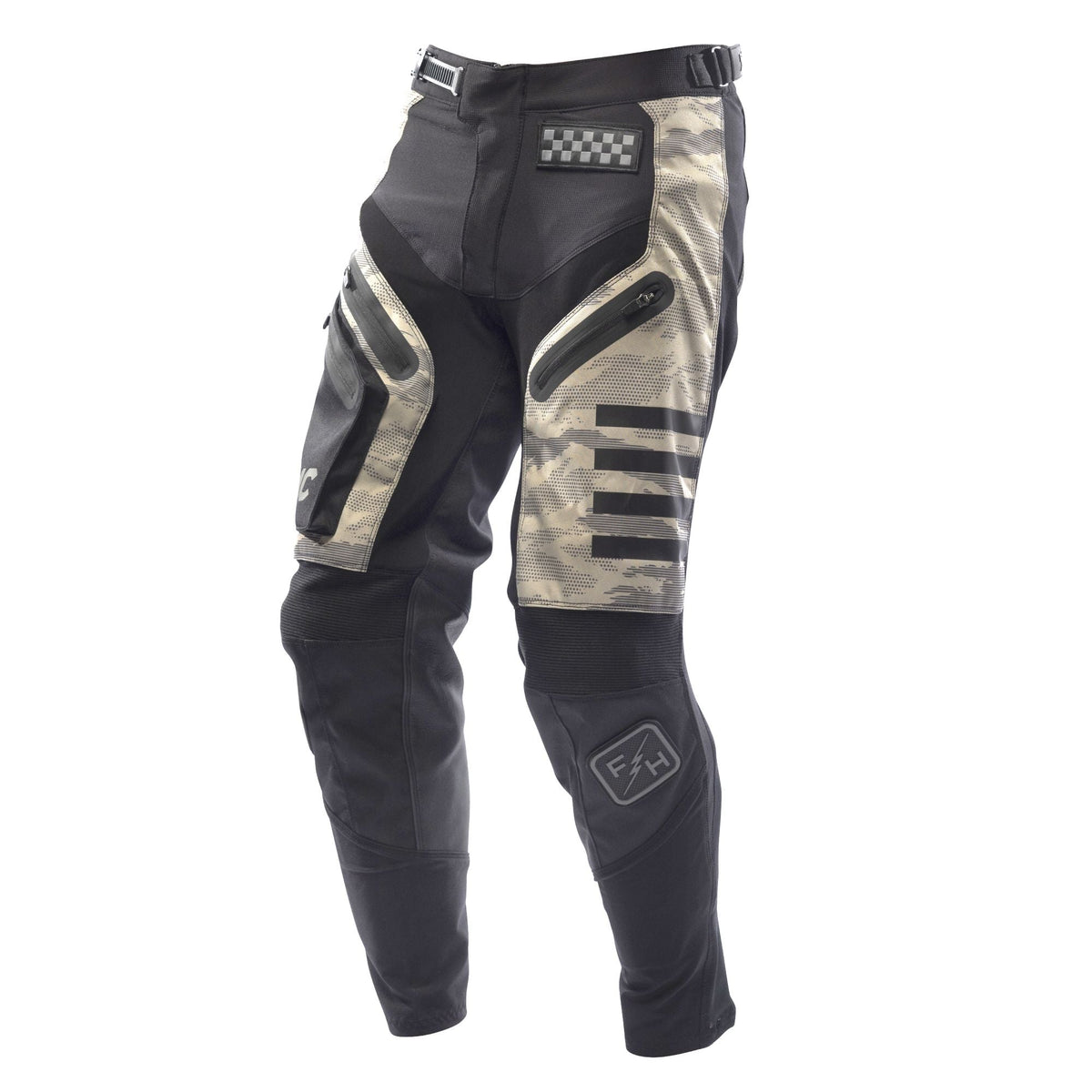 Off-road sand cat pants in black with sand camo panels and check logo thigh patch