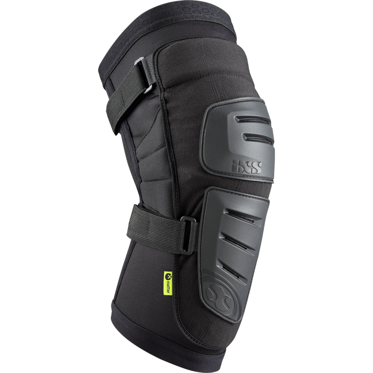 Black padded knee guards with hard shell plates and adjustable fastening straps