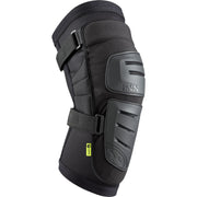 Black padded knee guards with hard shell plates and adjustable fastening straps