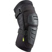 Black knee guards with articulated hard shell, cushioning, and secure fastening straps