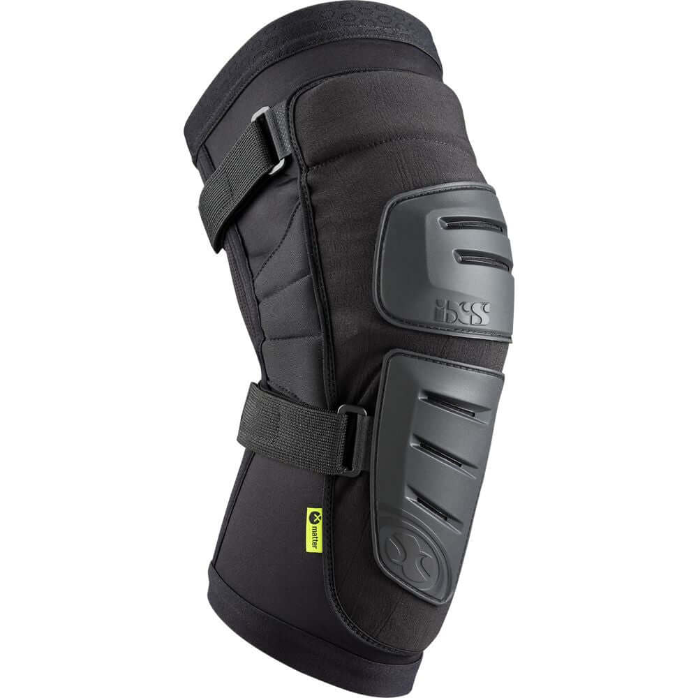 Black knee guards with articulated hard shell, cushioning, and secure fastening straps