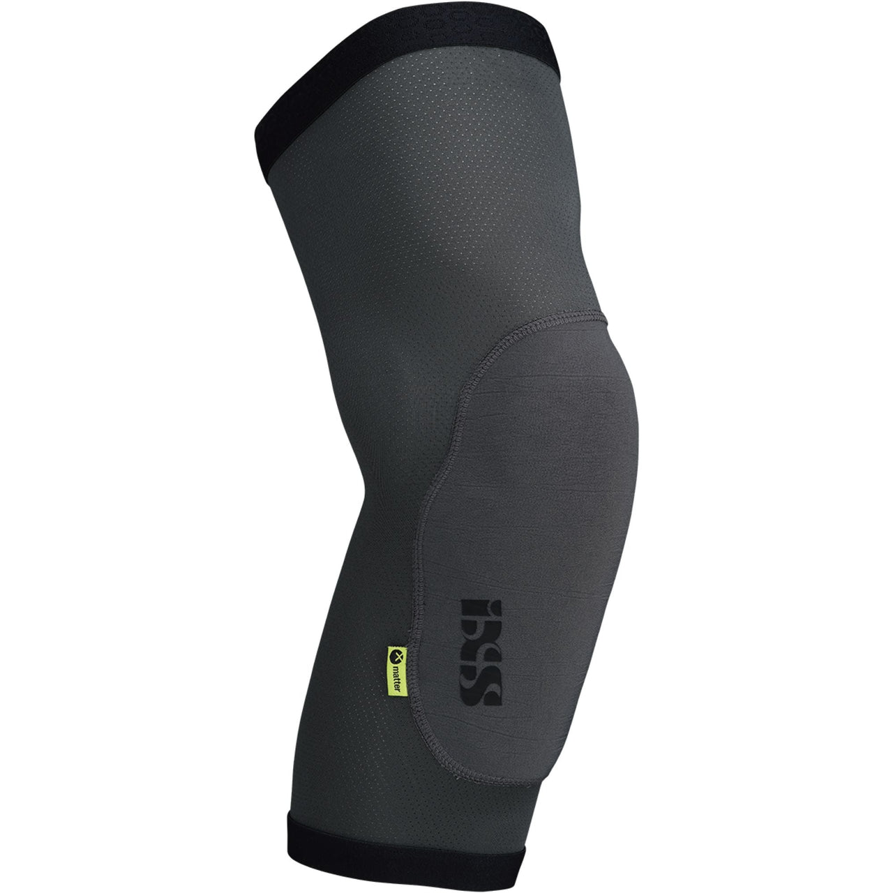 Graphite lightweight knee guards with iXS logo patch and elastic sleeve fit