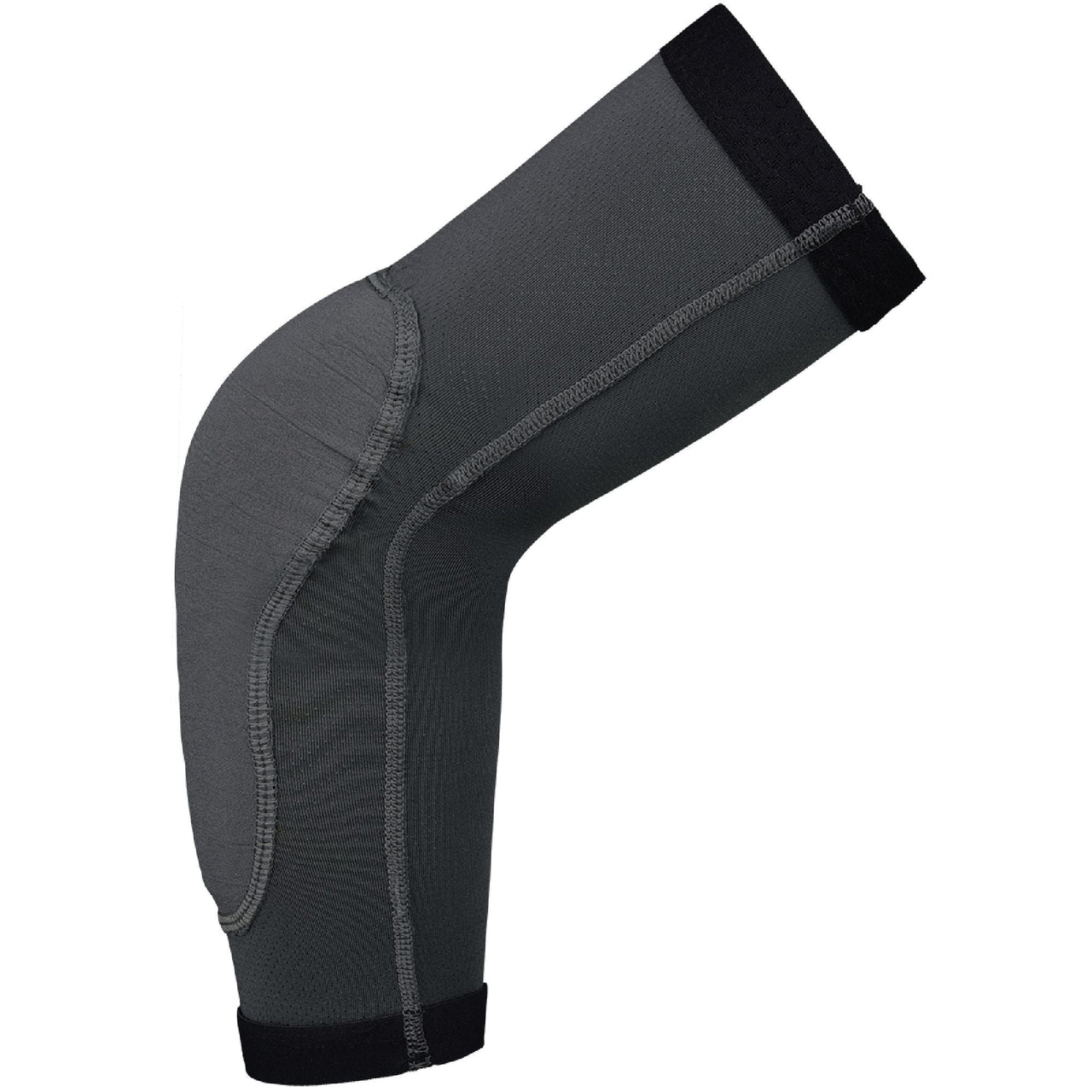 Graphite elbow guard sleeve with curved padding and stretch seams, open cuff