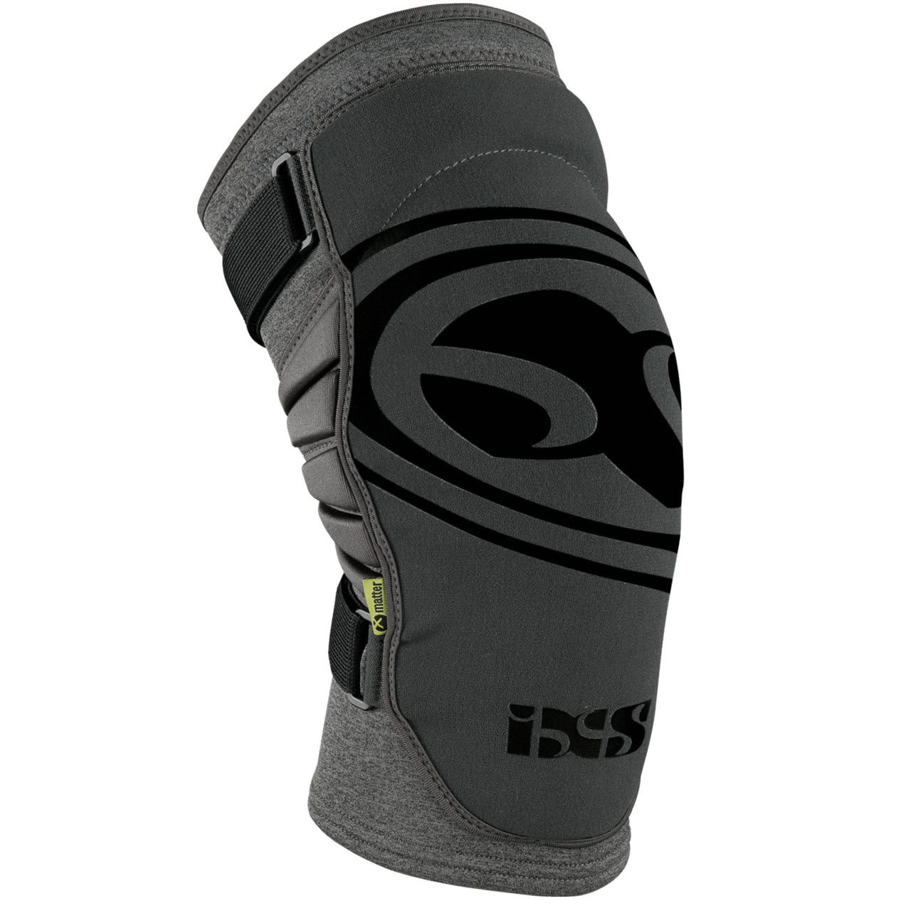 iXS Carve EVO+ knee guard in dark grey and black, side shell with vented straps