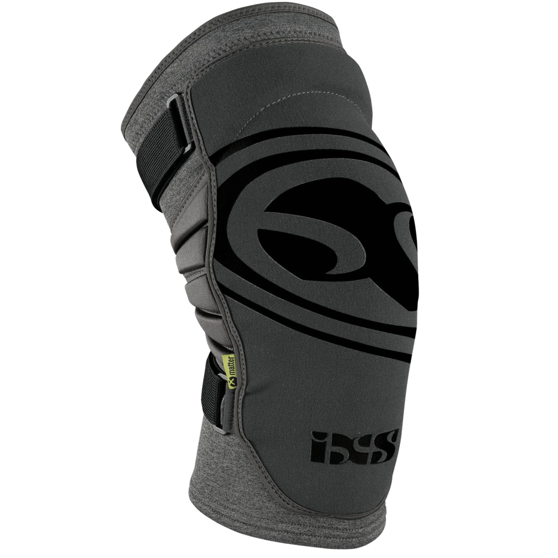 iXS Carve EVO+ knee guard in dark grey and black, side shell with vented straps