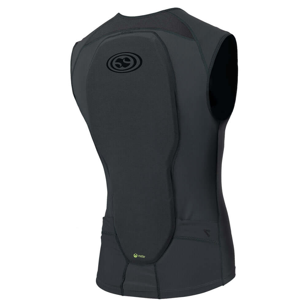 Dark grey protective upper body vest with logo patch and curved armor panels