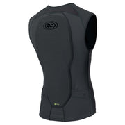 Dark grey protective upper body vest with logo patch and curved armor panels