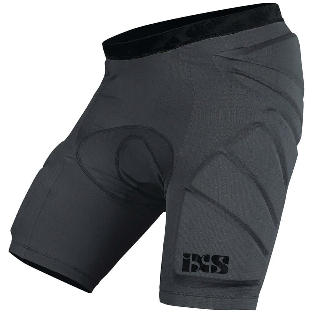 Youth padded protective shorts, dark grey lower-body gear with iXS logo