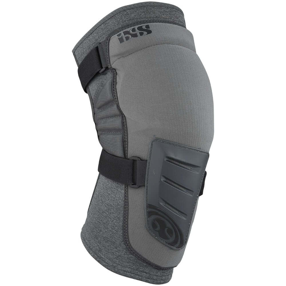 Grey iXS Trigger knee guard with black straps and molded hard shell panel