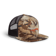 Women's brown camo trucker hat with black mesh back and orange animal graphic on front