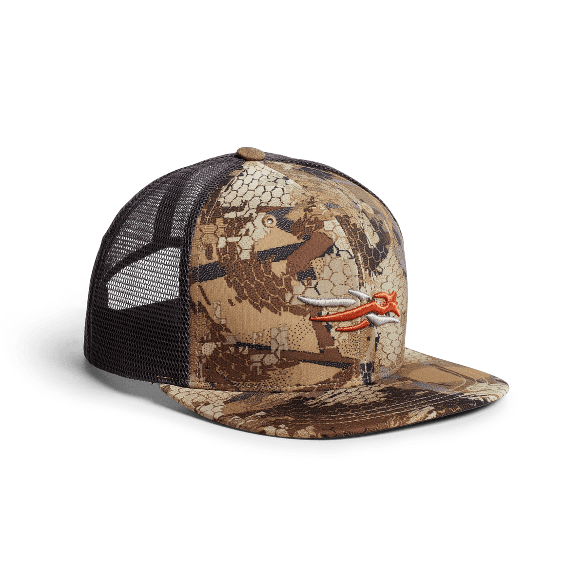 Women's brown camo trucker hat with black mesh back and orange animal graphic on front