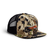 Desert camouflage women's trucker cap with black mesh sides and orange antler logo
