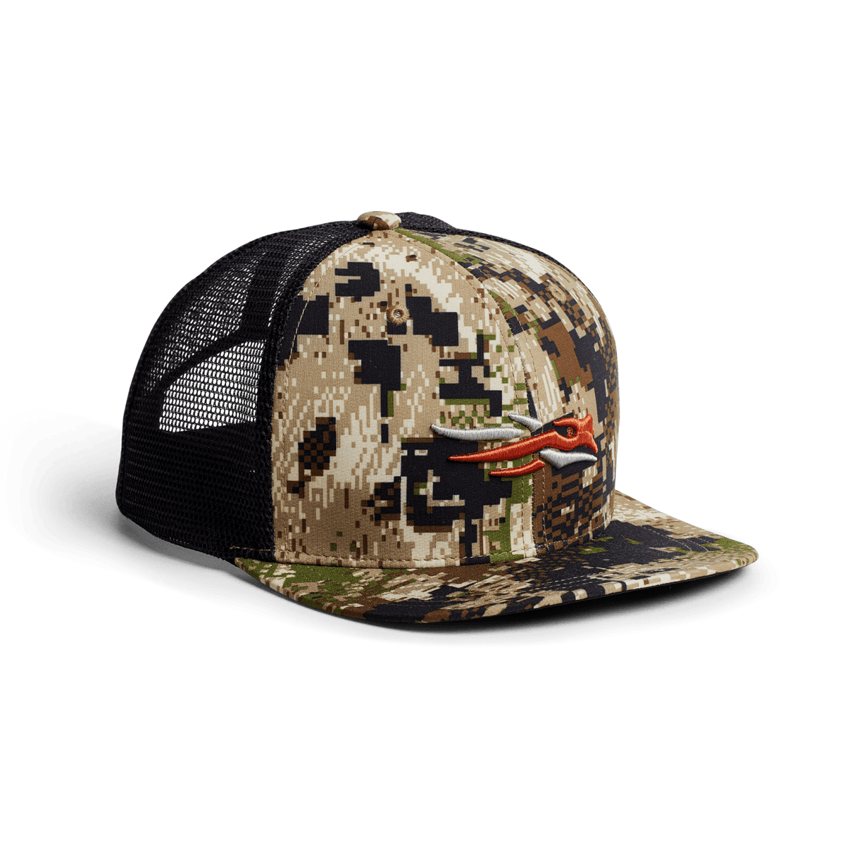 Desert camouflage women's trucker cap with black mesh sides and orange antler logo