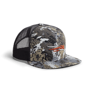 Gray camouflage women's trucker cap with black mesh sides and orange antler logo