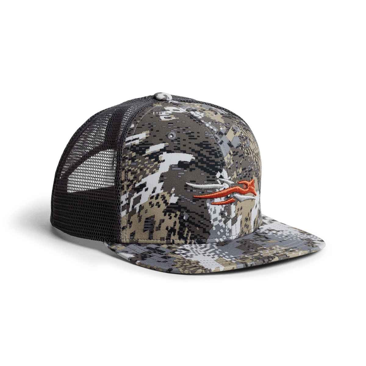 Gray camouflage women's trucker cap with black mesh sides and orange antler logo