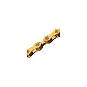 Gold bicycle chain link segment with outer plates and roller pins