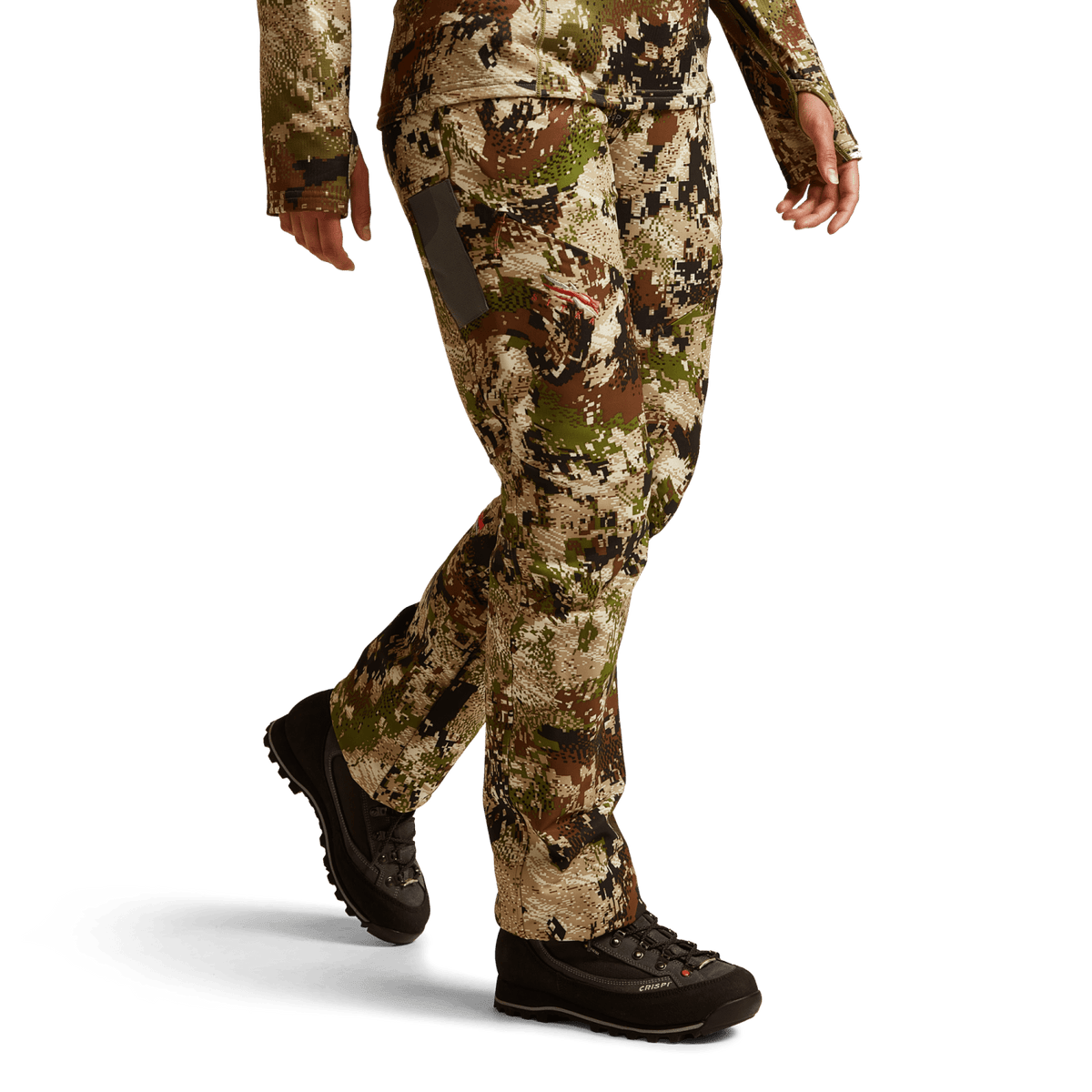 Hunting pants in green and tan digital camo with tapered leg and boot-friendly cuffs