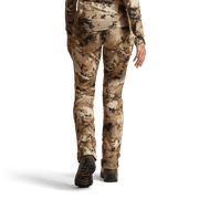 Hunting pants in tan and brown camouflage with boot-friendly length and elastic cuffs