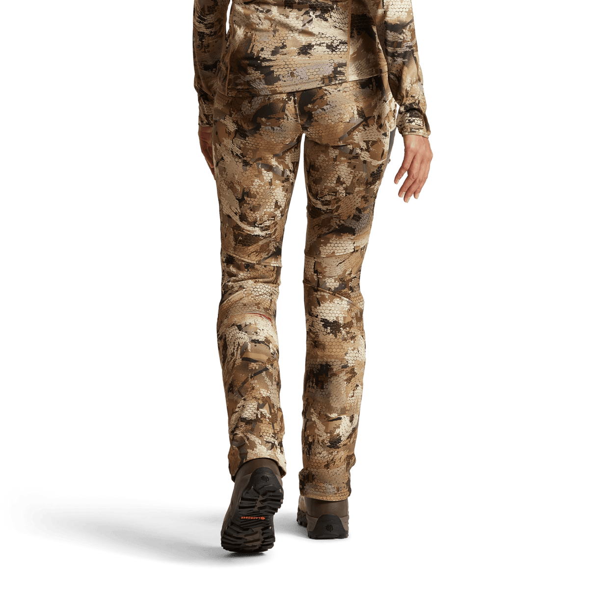 Hunting pants in tan and brown camouflage with boot-friendly length and elastic cuffs