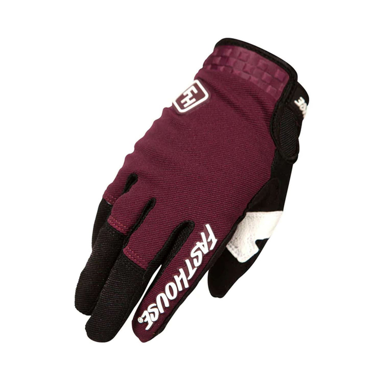 Youth motorcycle glove in maroon and black with large logo patch on back