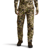 Men’s camo hunting pants, front view with belt loops and cargo pockets