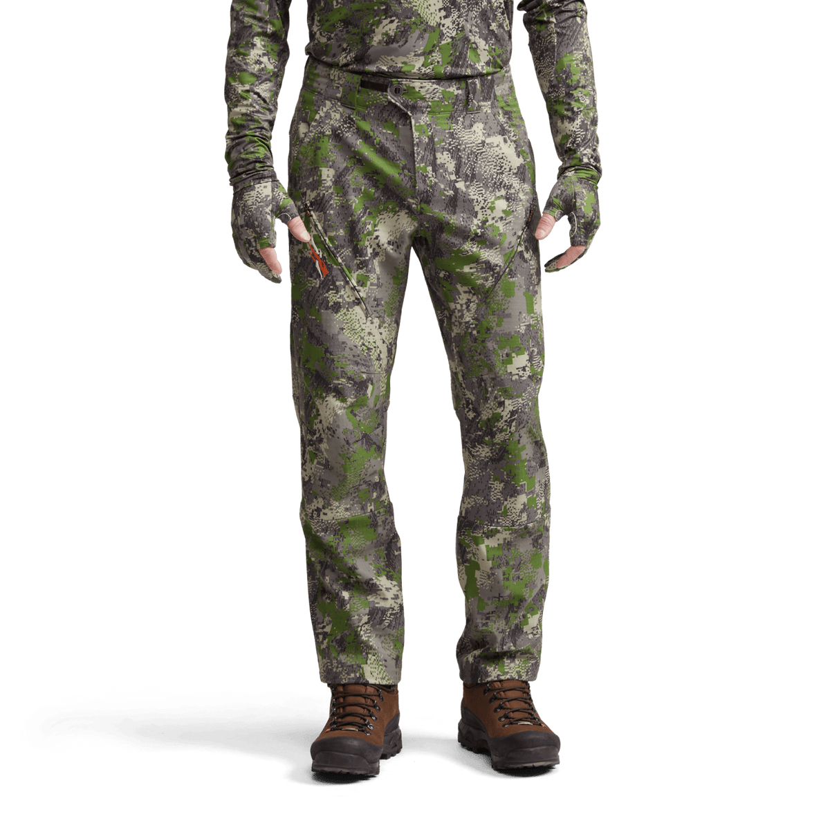 Men's camouflage hunting pants with straight legs, green-gray pixel pattern.