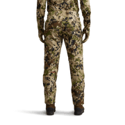 Men’s camo hunting pants, rear view with tapered legs and ankle cuffs