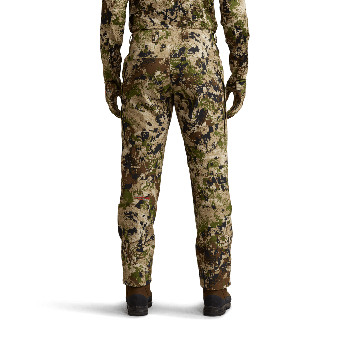 Men’s camo hunting pants, rear view with tapered legs and ankle cuffs