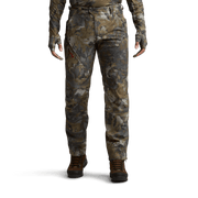 Men's camouflage hunting pants, full front view with dark tan pixel pattern.