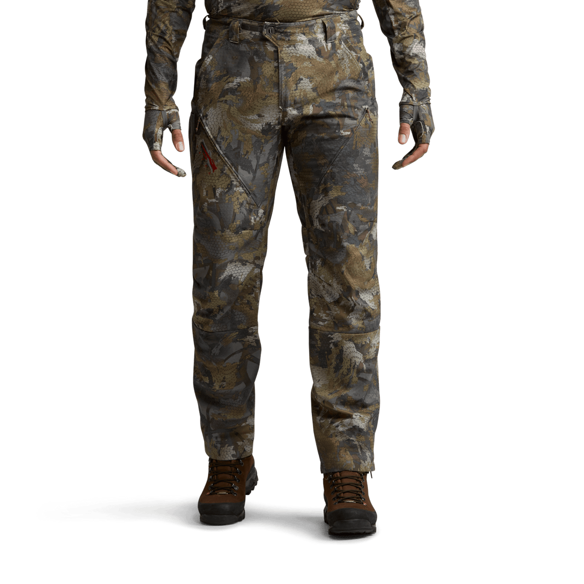 Men's camouflage hunting pants, full front view with dark tan pixel pattern.