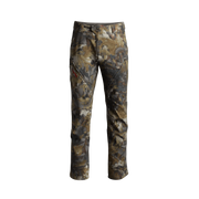Men's camouflage hunting pants, full front view in tan-gray woodland digital camo.