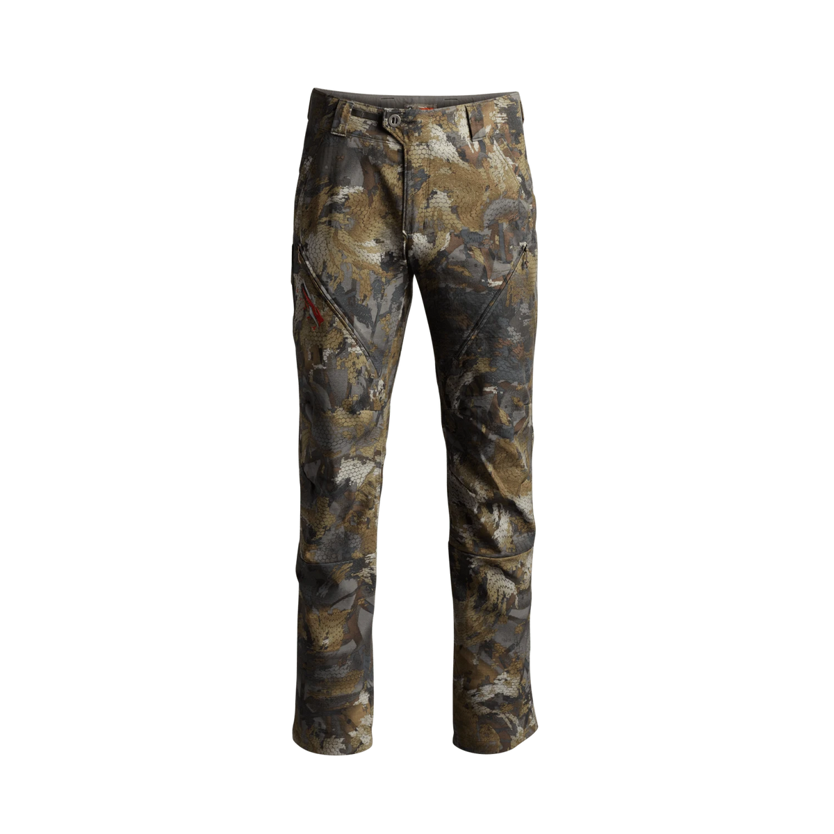 Men's camouflage hunting pants, full front view in tan-gray woodland digital camo.
