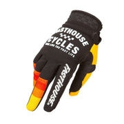 Motocross riding gloves, dark brown with orange and yellow panels and Velcro cuff
