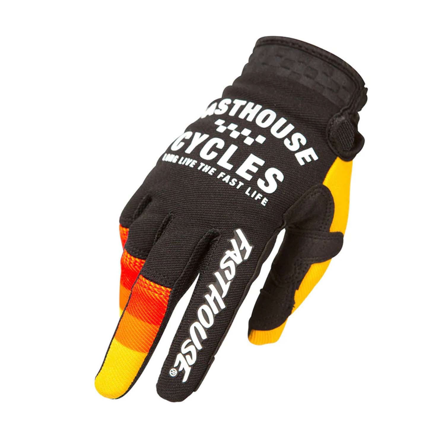 Motocross riding gloves, dark brown with orange and yellow panels and Velcro cuff