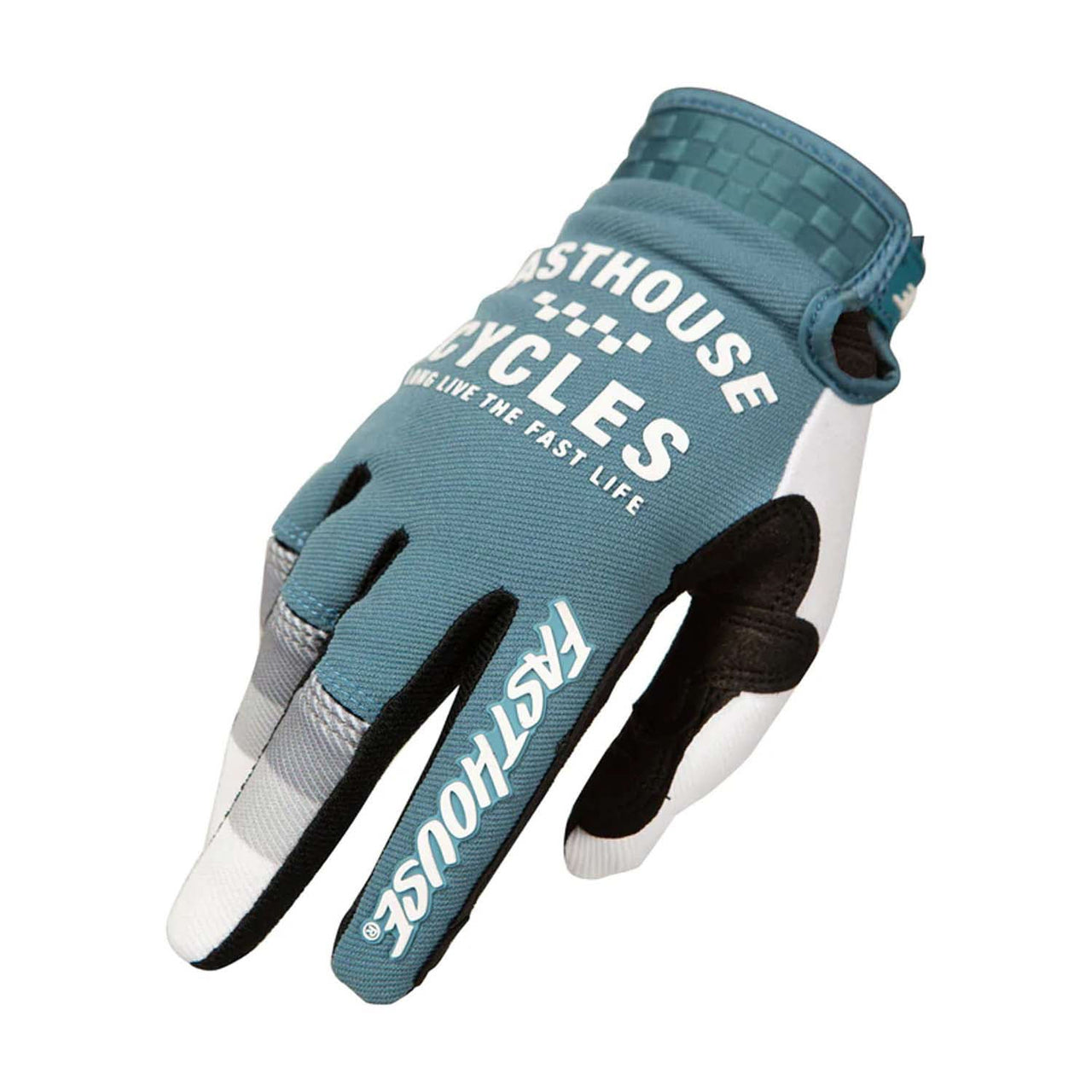 Motocross riding gloves, blue and white with black accents and Velcro cuff
