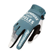 Motocross riding gloves, blue and white with black accents and Velcro cuff