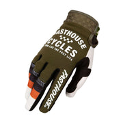 Motocross riding gloves, olive green and white with black fingertips and Velcro cuff