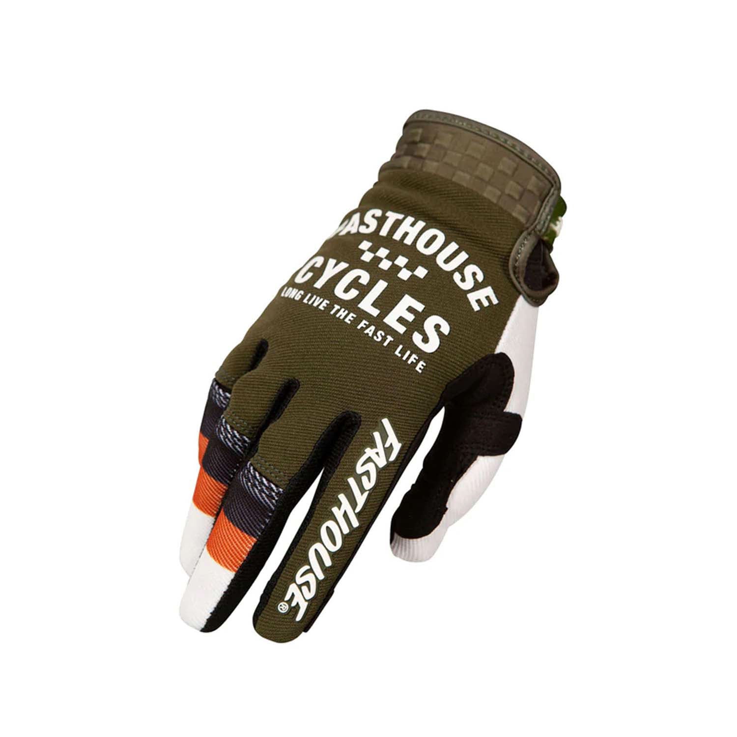 Youth motorcycle glove in olive and white with CYCLES style text on back