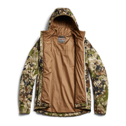 SITKA camo hooded jacket with open front, showing tan interior lining.