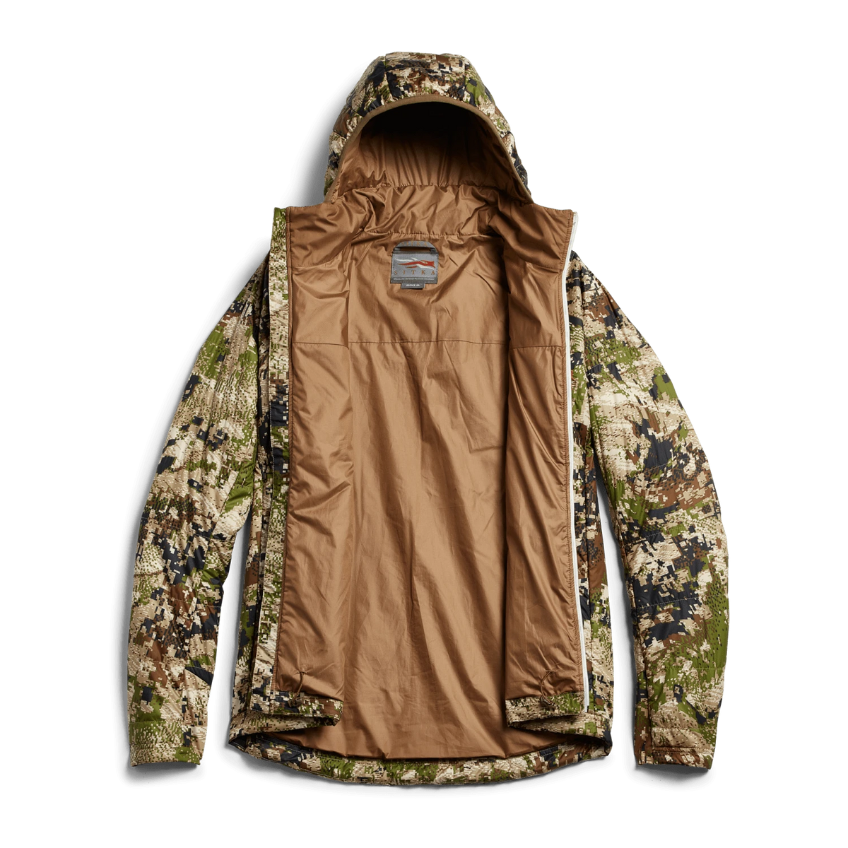 SITKA camo hooded jacket with open front, showing tan interior lining.