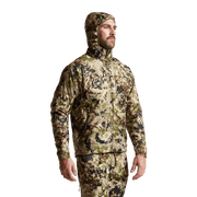 SITKA hooded camouflage jacket with full-zip front, chest pockets and side profile.