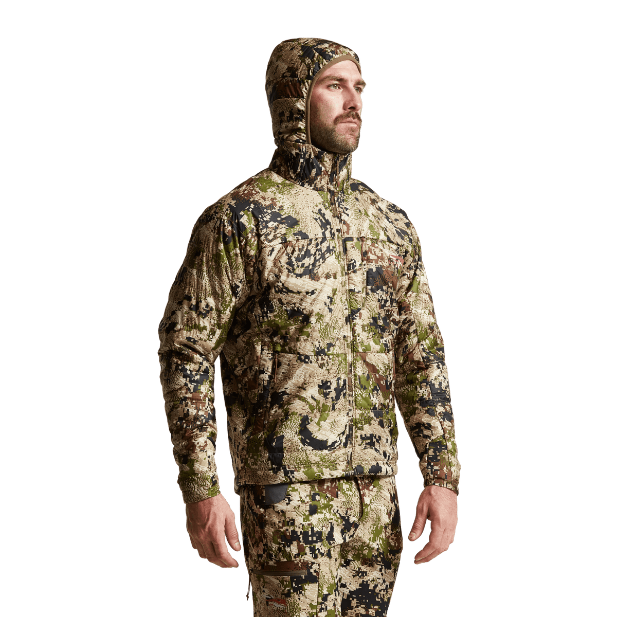 SITKA hooded camouflage jacket with full-zip front, chest pockets and side profile.
