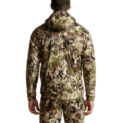 SITKA camouflage hooded hunting jacket, back view with full-length seam lines.